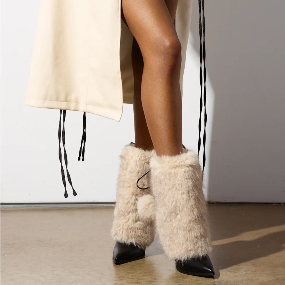 AZALEA WANG Taupe Fur Pom Pom & Black Vegan Leather Stiletto Boots